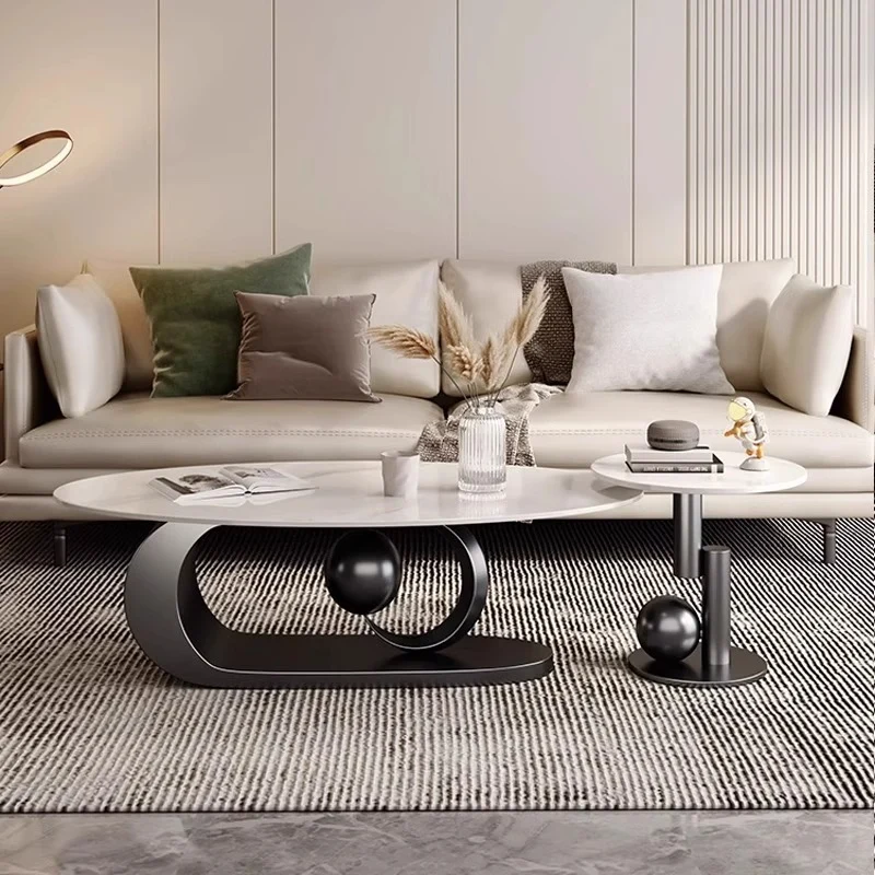 Modern Luxury Oval Stone Slab Creative Stainless Steel Base Coffee Table For Living Room