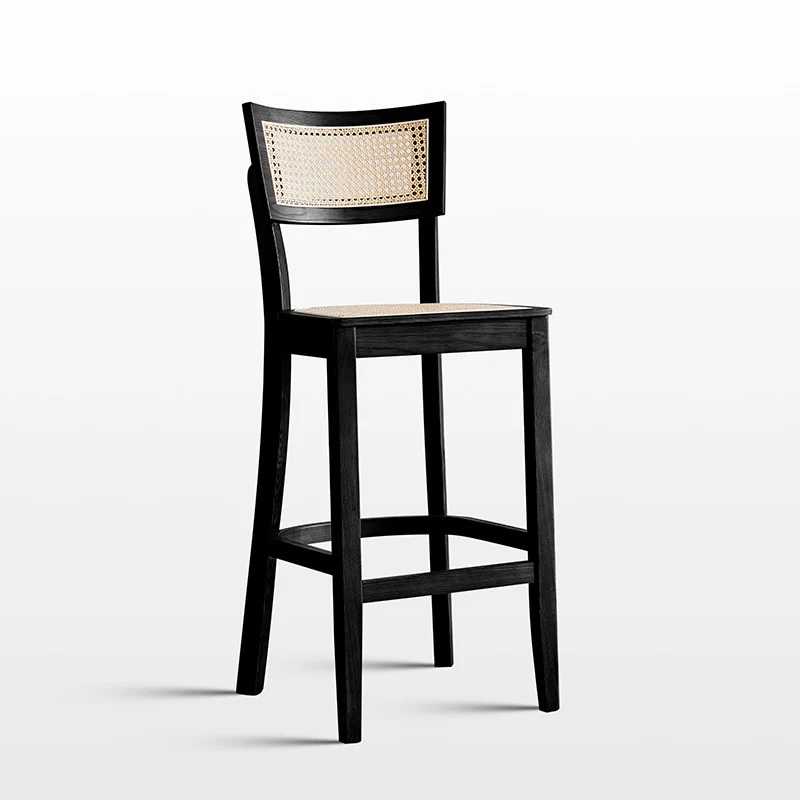 Contemporary Scandinavian Square Ash Wood Plywood Indonesian Rattan Backrest Bar Stool For Kitchen