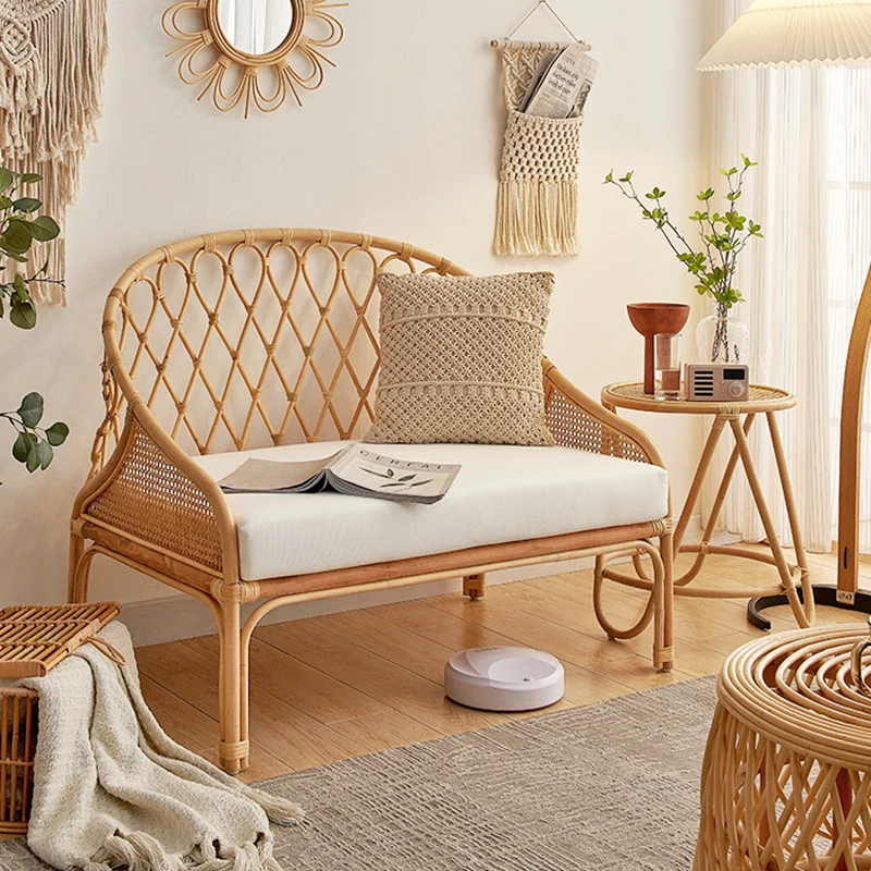 Contemporary Boho Curved Rattan Weaving Cotton Linen Fabric Sponge Sofa Backrest Armrest For Living Room