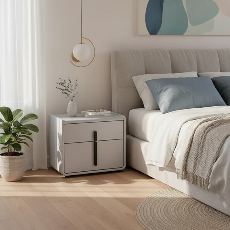 Modern Minimalist Faux Leather Nightstand - Square 2 Drawer Bedside Table For Bedroom