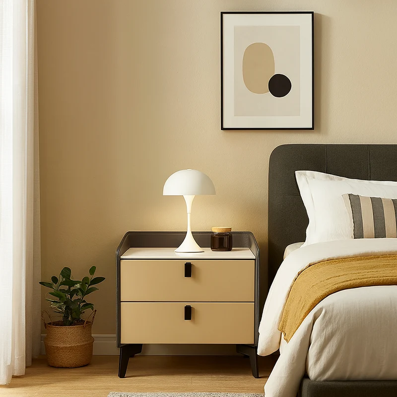Contemporary Nordic Sintered Stone Metal Bedside Table - Curved Edges 2 Drawers Nightstand For Bedroom