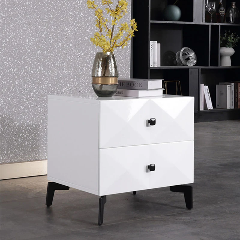 Modern Minimalist High-Gloss Veneer 2 Drawers Nightstand - Diamond Texture Bedside Table For Bedroom