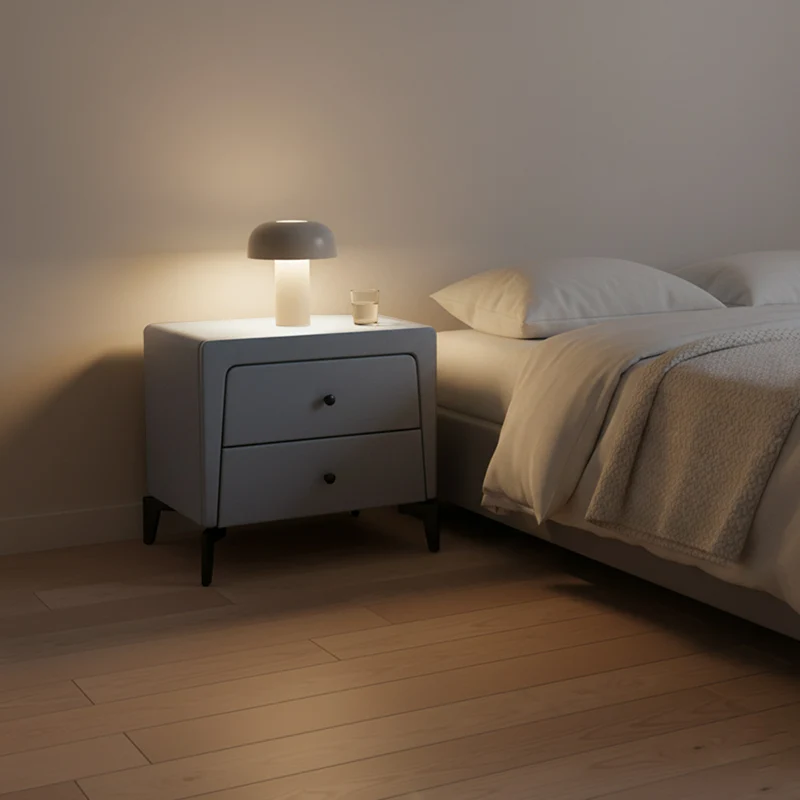Nordic Aesthetic Bedside Table - Exquisite Faux Leather Work Craftsmanship Design Nightstand 2-Drawer For Bedroom