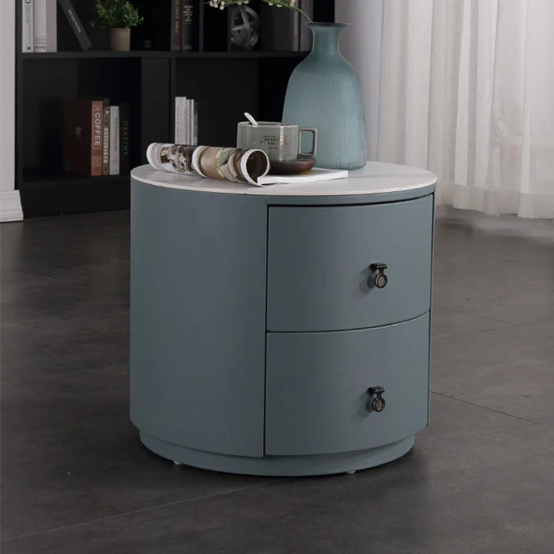 Rounded Nordic Bedside Table - Scratch-Resistant & Safe Rock Slab Surface Nightstand 2-Drawer For Bedroom