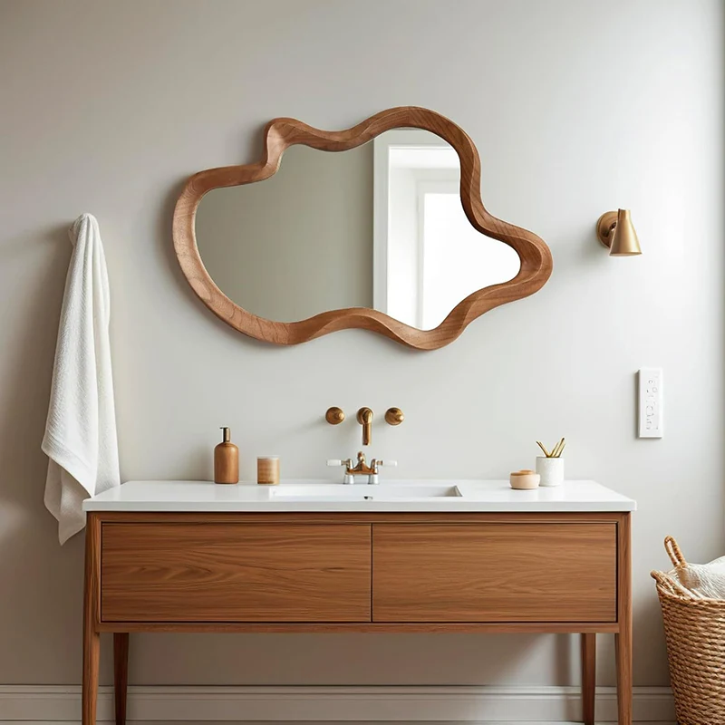 Traditional French Irregular Wavy Rubberwood Tempered Glass Wall Mirror For Bedroom