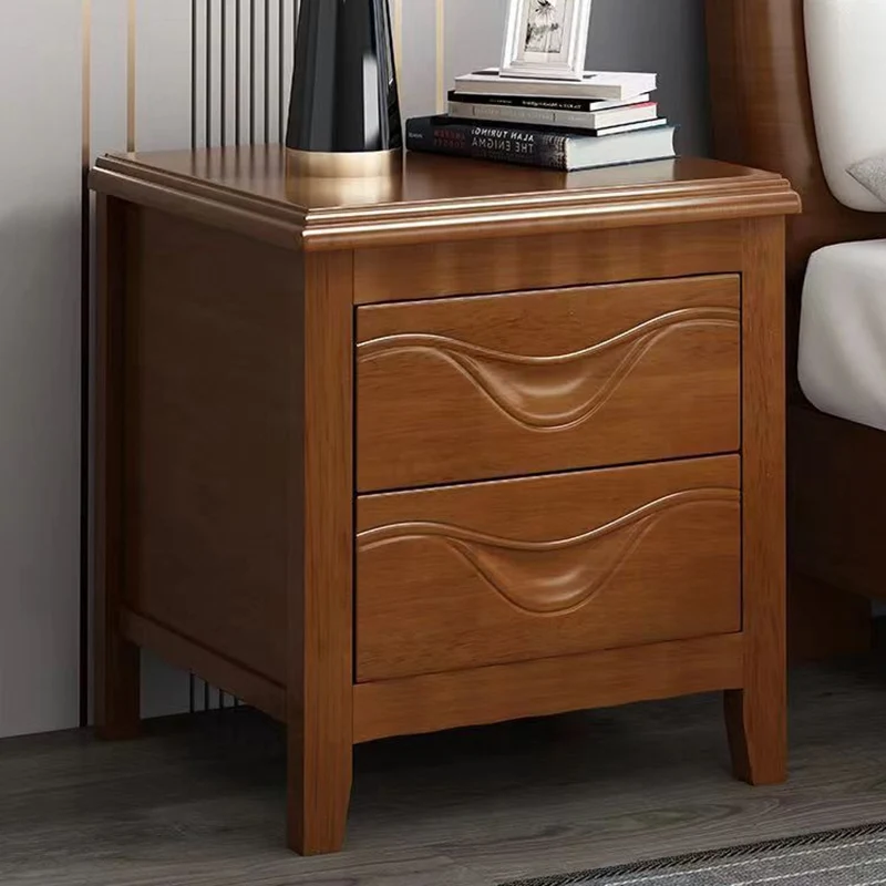 Traditional Vintage Square Rubberwood Medium-Density Fiberboard Nightstand 2-Drawer For Bedroom