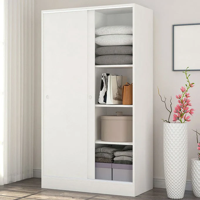White Wood Double Door Industrial Wardrobe 5 Shelves Cabinet