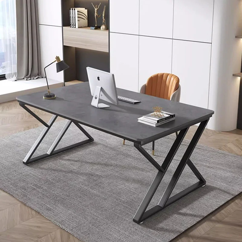 Stone Slab Top Office Desk with Carbon Steel Frame - Modern Minimalist Rectangular Desk for Home Office