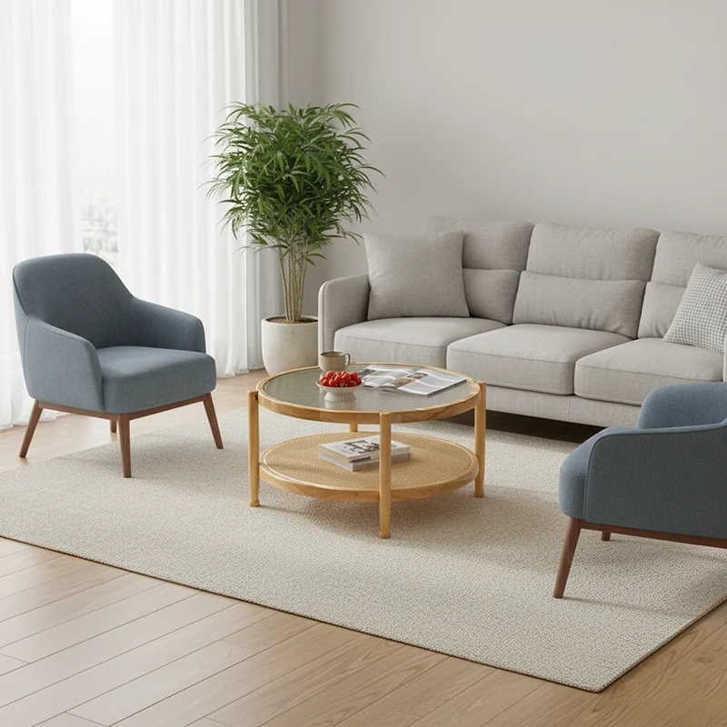 Modern Minimalist Round Solid Wood Tempered Glass PVC Rattan Weaving Coffee Table 2-Tier For Living Room