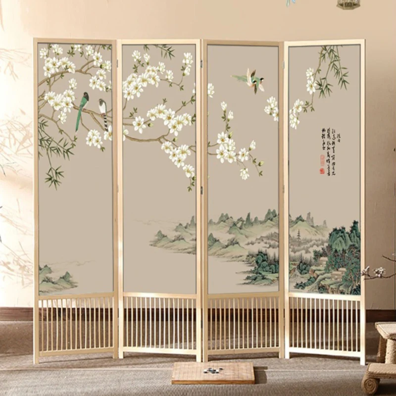 Traditional Chinese Rectangular Pine Wood PVC Panel Foldable Room Divider For Living Room