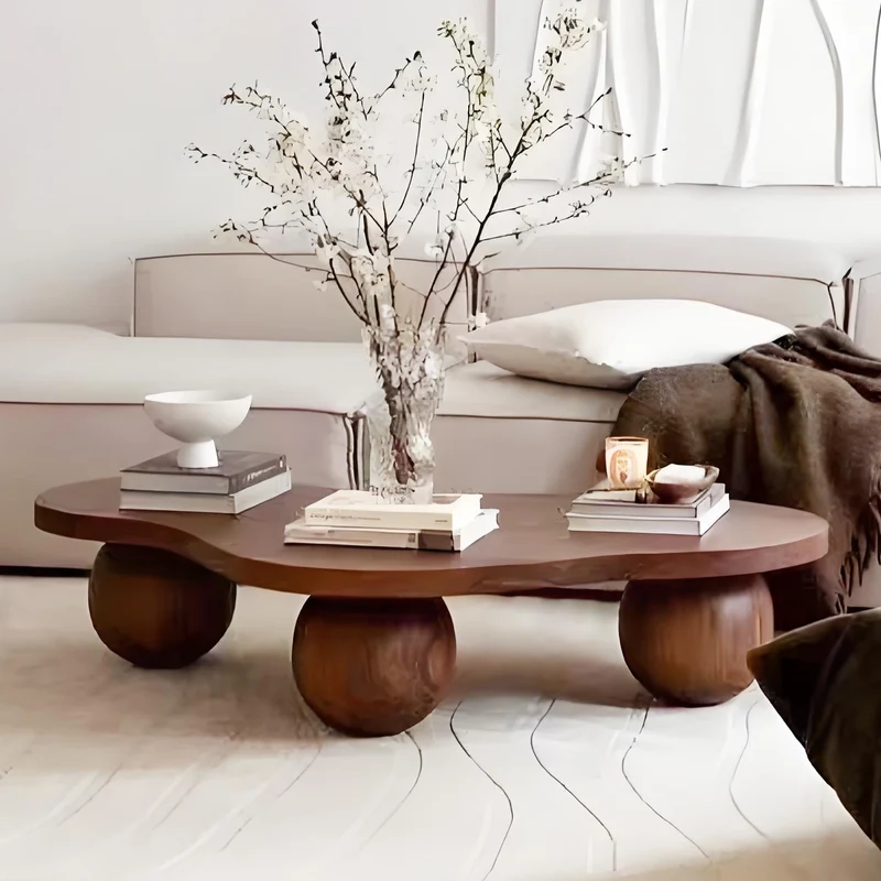 Traditional Vintage Round Cloud-Shaped Solid Pine Wood Carbon Steel Coffee Table For Living Room