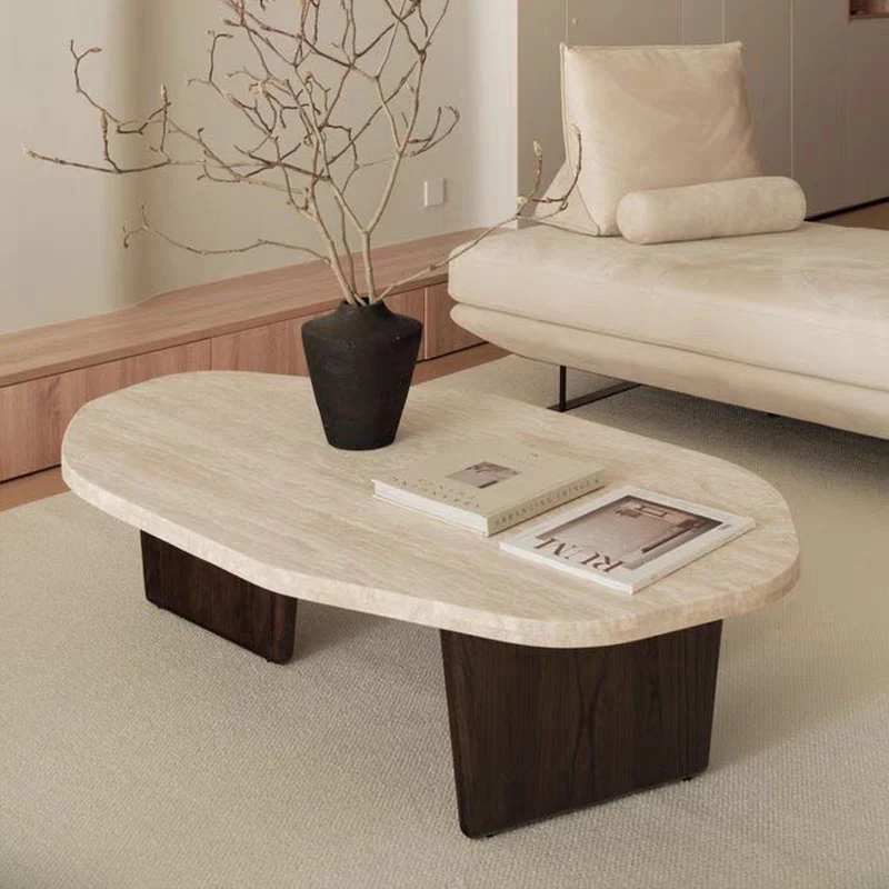 Traditional Japanese Irregular Oval Stone Slab Natural Travertine Wood Coffee Table For Living Room