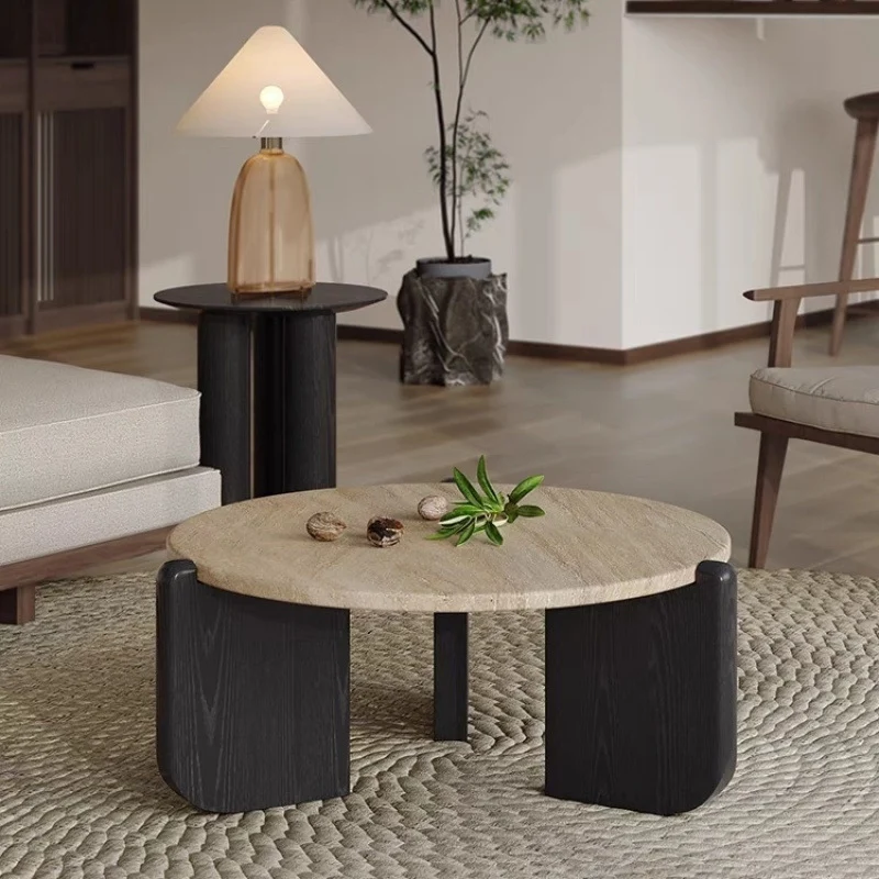 Modern Minimalist Round Sintered Stone Gluta Wood Coffee Table For Living Room