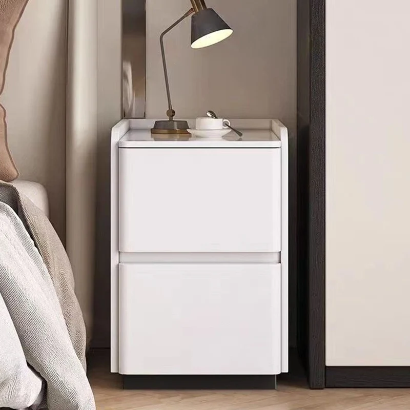 Modern Minimalist Square Rectangular Sintered Stone Cat Scratch Leather Solid Wood Plywood Nightstand 2-Drawer For Bedroom