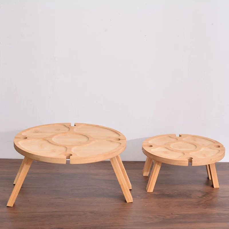 Traditional Japanese Round Pine Wood Foldable Fruit Tray Side Table For Outdoor