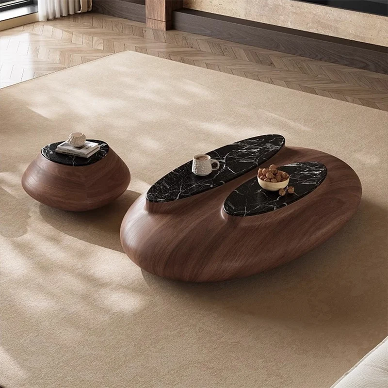 Traditional Japanese Oval Walnut Veneer Eco-Friendly Panel Marble Coffee Table For Living Room
