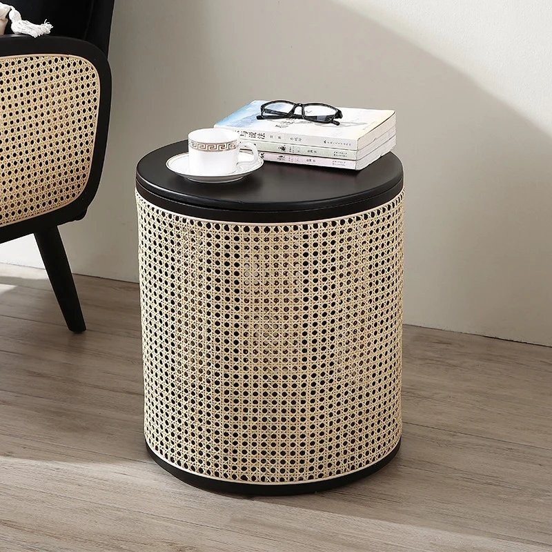 Traditional Japanese Cylindrical Solid Wood Rattan Side Table 1-Storage For Living Room