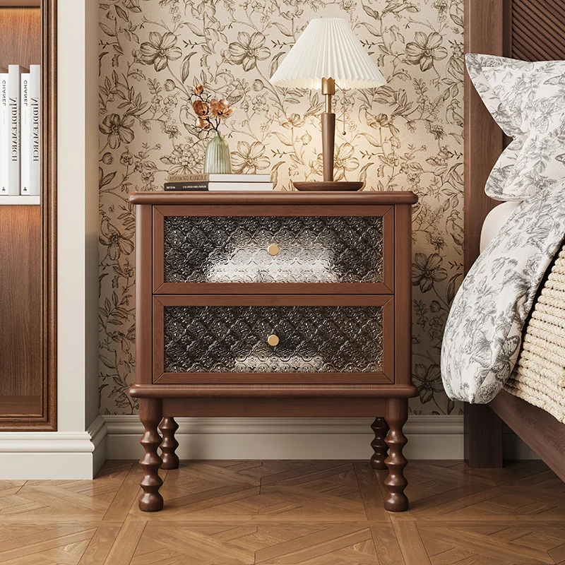Traditional Vintage Square Rectangular Rubberwood Pine Wood Plywood Glass Metal Nightstand 2-Drawer For Bedroom