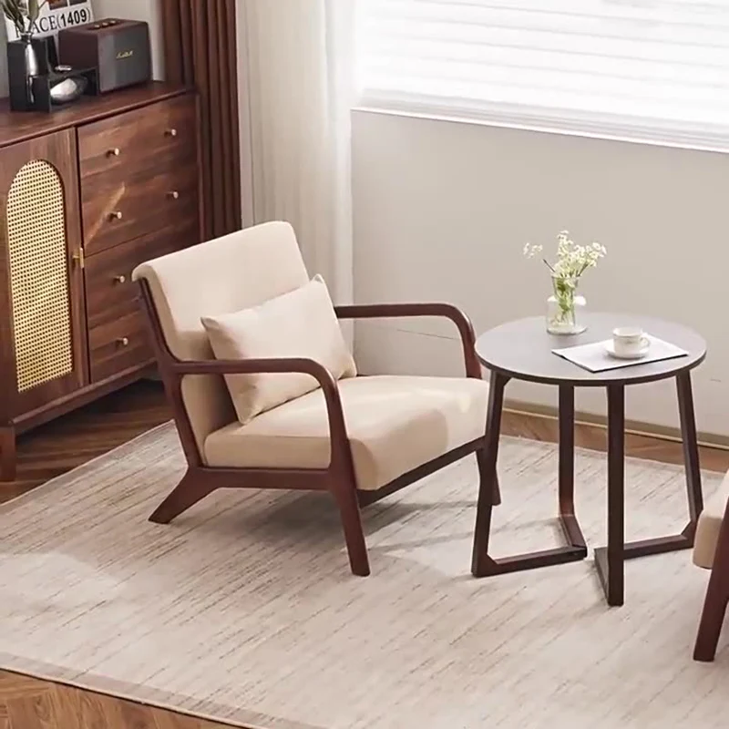 Contemporary Scandinavian Cotton Linen Solid Wood Curved Square Accent Chair With Backrest Armrests For Living Room