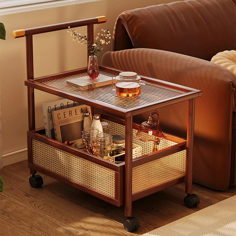 Traditional Vintage Bamboo Rattan Acrylic MDF Rectangular Cylindrical Side Table With 2-Tier For Living Room