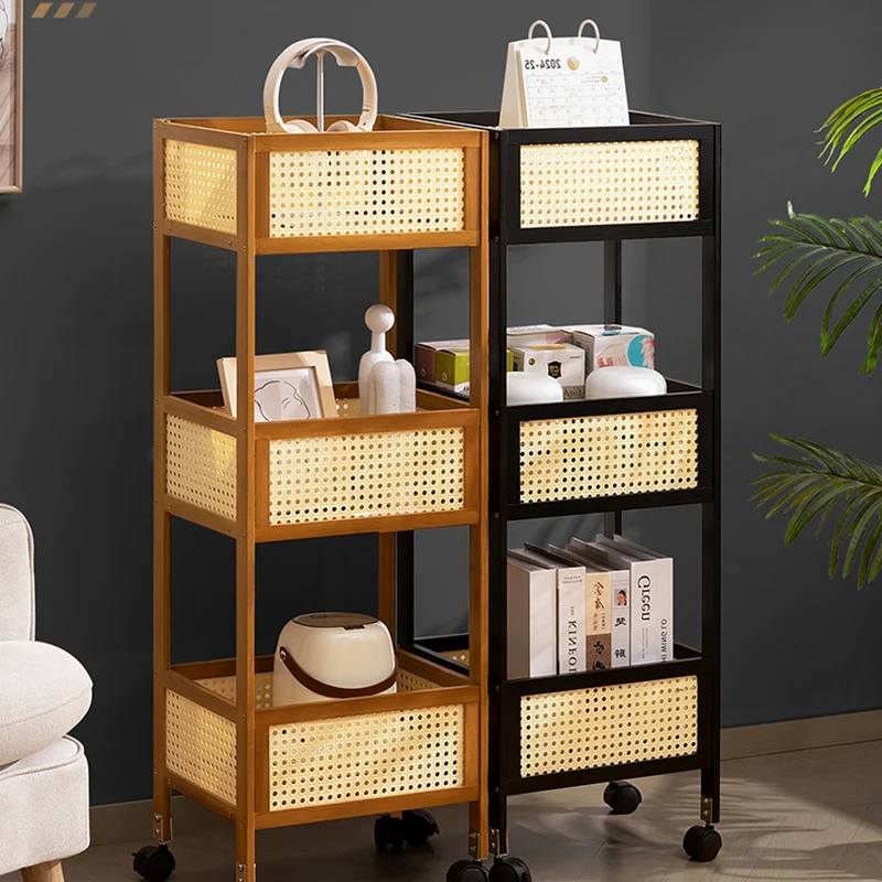 Modern Minimalist Bamboo Synthetic Rattan Rectangular Mobile Storage Shelf With 3-Shelves Design For Living Room