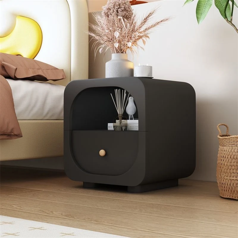 Contemporary Scandinavian Particle Board Glass Metal Rounded Square Nightstand With 1 Drawer For Bedroom