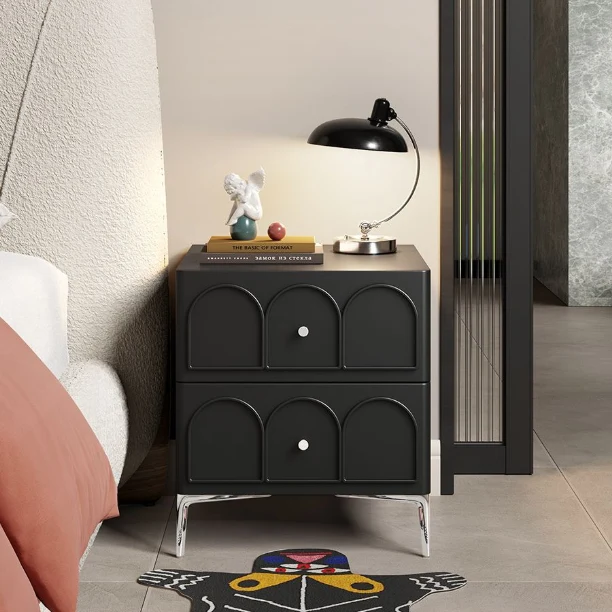 Traditional French Solid Wood Hardware Rectangular Curved Nightstand With 2 Drawers For Bedroom