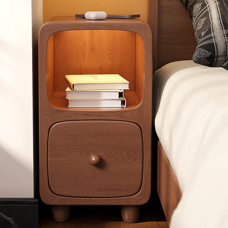 Traditional Chinese Rubberwood Pine Wood Plywood Rounded Rectangular Nightstand With 1/2 Drawers For Bedroom