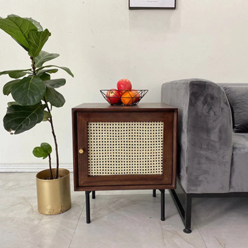 Traditional Chinese Solid Wood Rattan Square Cylinder Nightstand With 1-Storage For Bedroom