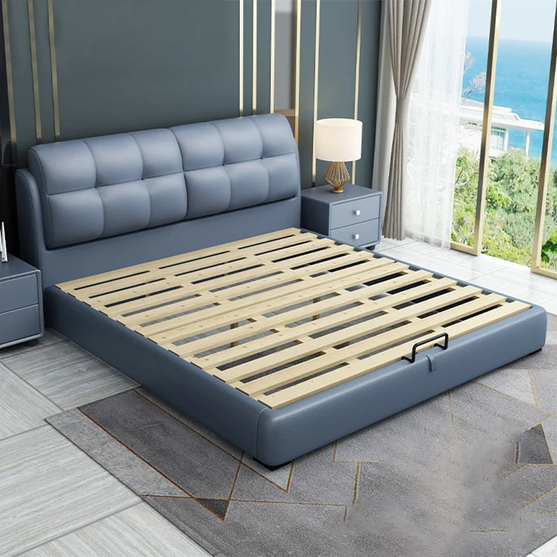 Contemporary Faux Leather Standard Bed, Blue Upholstered Headboard Bed