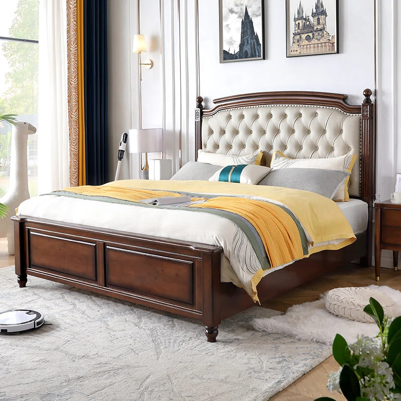 Mid-Century Modern Standard Bed Solid Wood Bed Pine Wood Nail Head