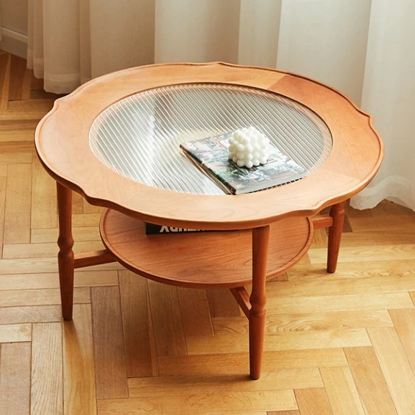 Contemporary Nordic Round Cherry Wood Glass Coffee Table 2-Tier For Living Room