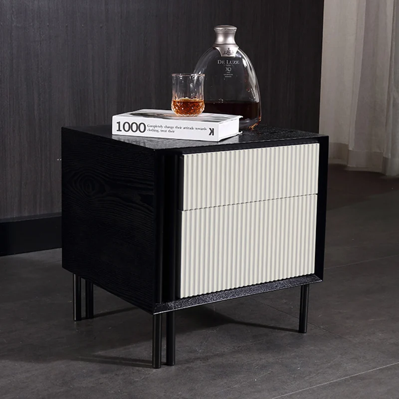Artistic Modern Minimalist Nightstand - Wave-Patterned Baking Paint & Eye-Catching Color Block Bedside Table 2-Drawer For Bedroom