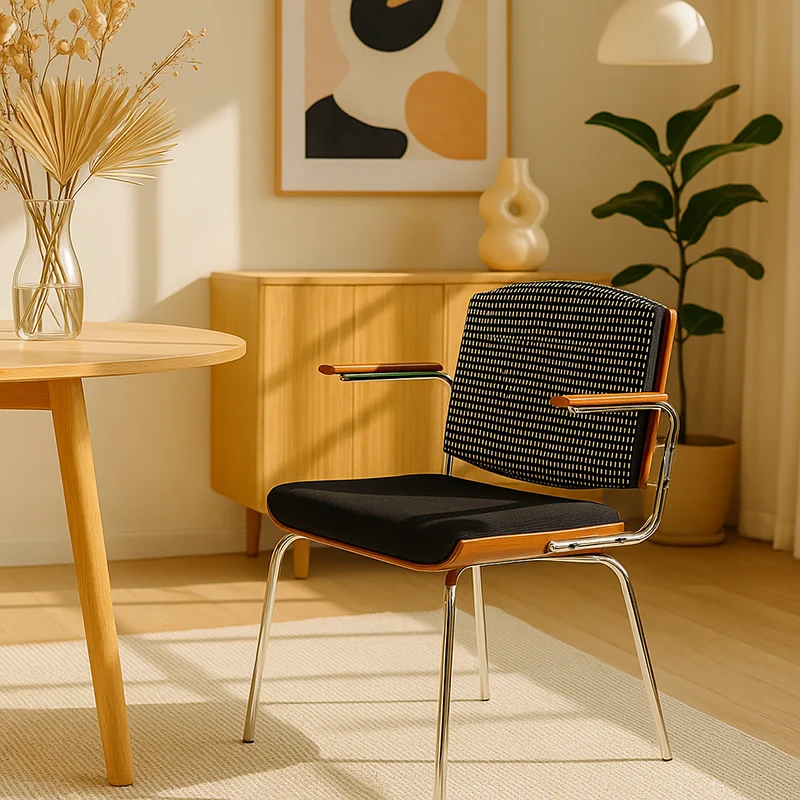 Modern Minimalist Rectangular Fabric Solid Wood Multi-Layer Plate Solid Wood Iron Stainless Steel Dining Chair Backrest Armrest For Dining Room