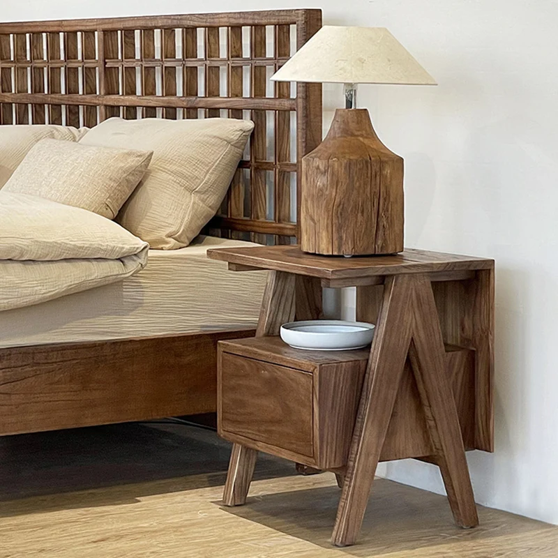 Traditional Japanese Solid Wood Square Nightstand With Inverted-V Legs 2 Tiers For Bedroom