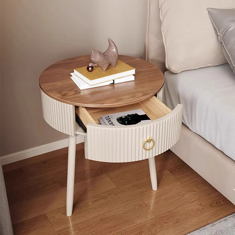 Modern Luxury Solid Wood Iron PVC Round Textured Nightstand With 1 Drawer For Bedroom