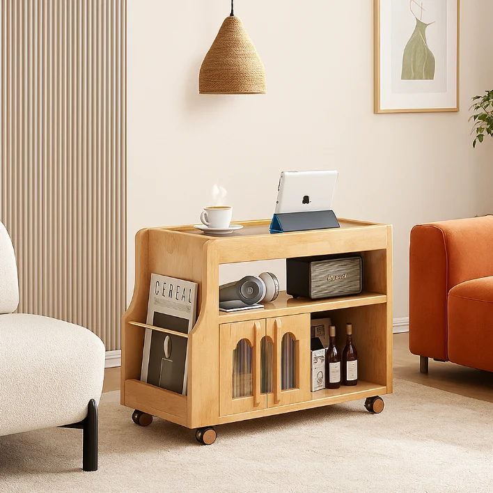 Traditional Vintage Solid Wood Metal Glass Rectangular Mobile Side Table With 3 Tiers For Living Room