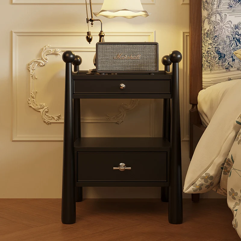 Traditional French Rubberwood Plywood Square Cylindrical Nightstand With 2 Drawers For Bedroom