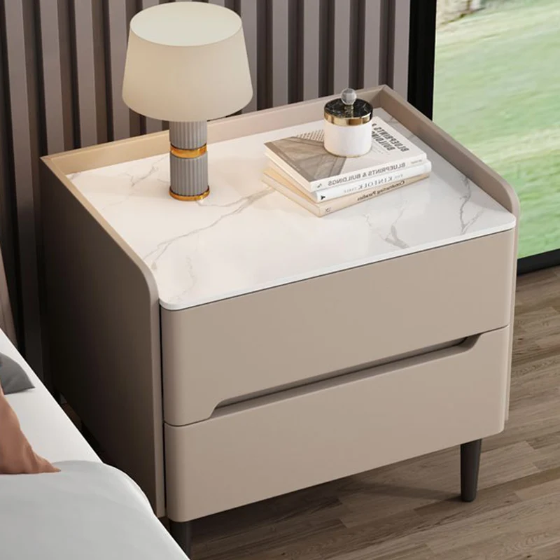 Modern Luxury Sintered Stone Pine Wood Nappa Leather Rounded Square Nightstand With 2 Drawers For Bedroom
