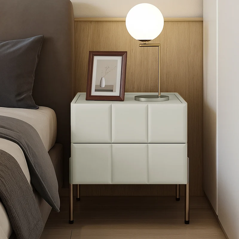 Contemporary Scandinavian Cream 2-Drawer Nightstand - Sintered Stone Top Embossed Cube Bedside Table For Bedroom