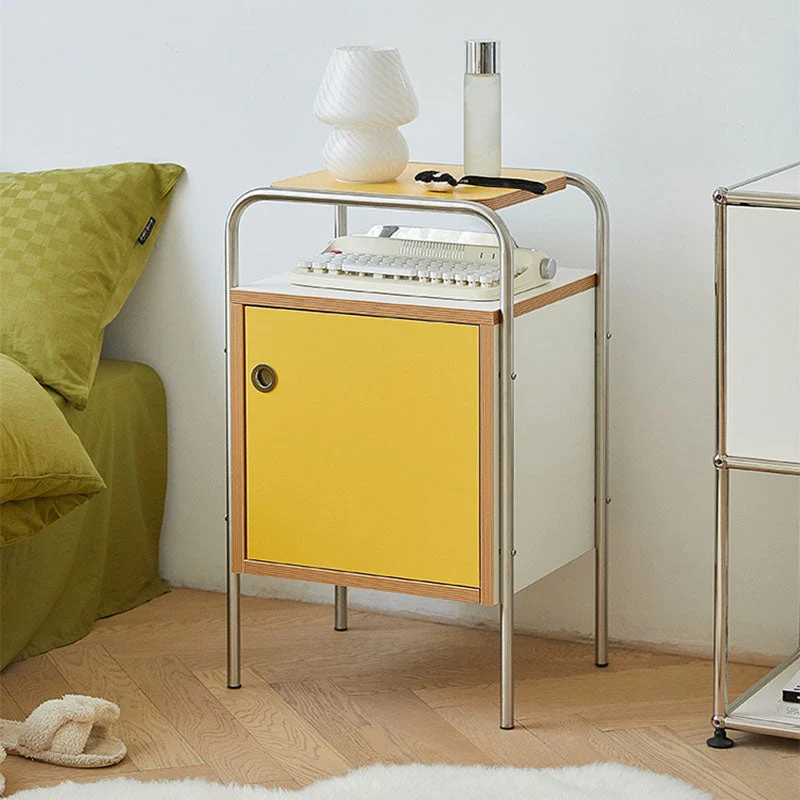 Contemporary Yellow Wooden Night Table with 1 Cabinet for Bedroom