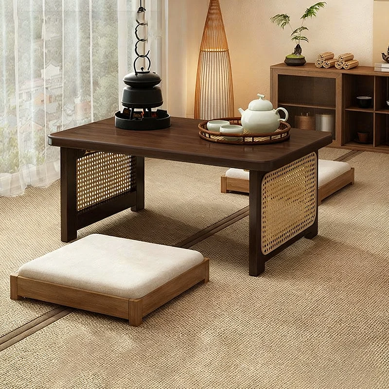 Traditional Chinese Rectangular Bamboo Rattan Coffee Table 1-Tier For Living Room