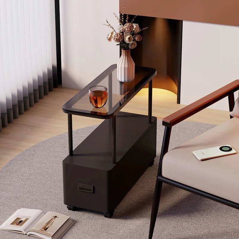Modern Minimalist Rectangular Tempered Glass Iron Side Table 2-Tier For Living Room