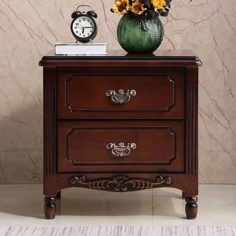 Traditional Vintage Rectangular Rubberwood MDF Plywood Nightstand 2-Drawer For Bedroom