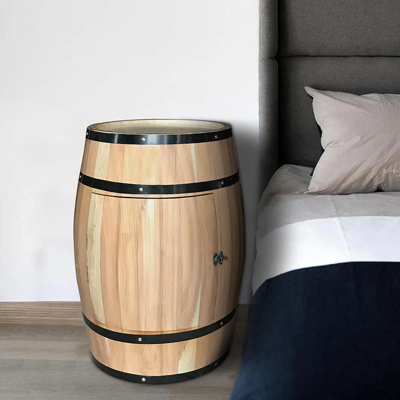 Traditional Farmhouse Round Cedar Wood Composite Board Barrel-shaped Nightstand With 2-Tier For Bedroom