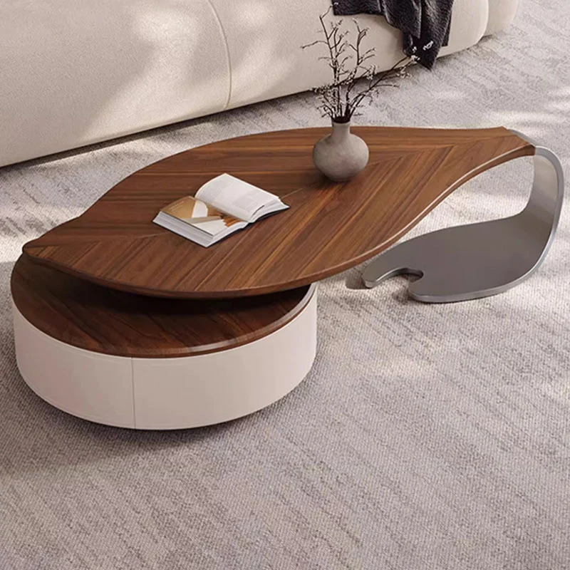Modern Minimalist Leaf Design Stainless Steel Solid Wood Plywood Particleboard Coffee Table 1-Drawer 2-Tier For Living Room