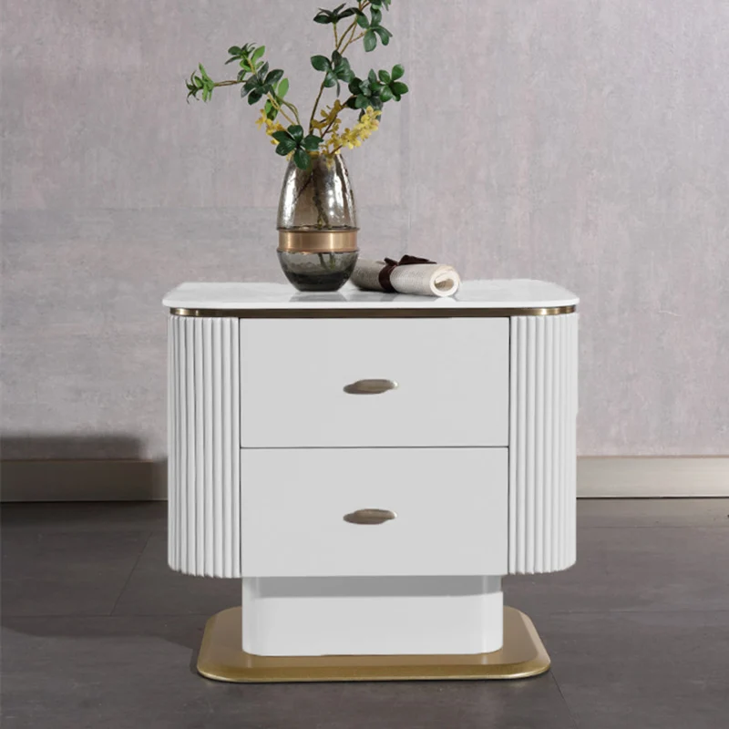 Elegant Light Luxury Nightstand - Heat-Resistant Sintered Stone Top & Baked-Enamel Craftsmanship Bedside Table 2-Drawer For Bedroom