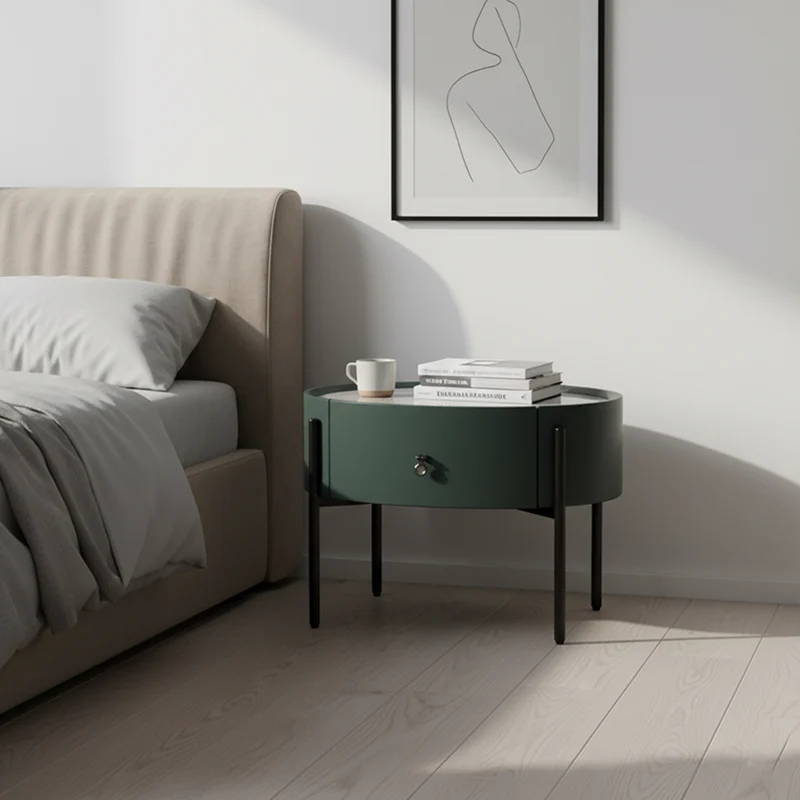 Durable Sintered Stone Top & Faux Leather Nightstand - Scandinavian Design Style Ellipse Bedside Table 1-Drawer For Bedroom