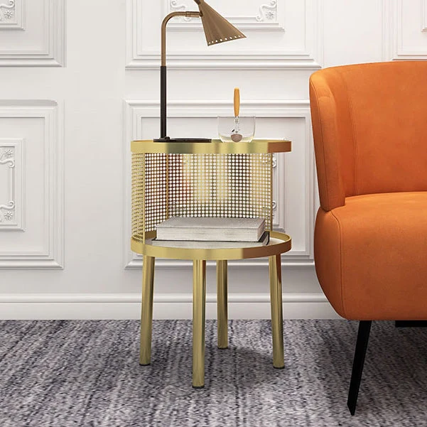 Glam Metal Accent Table Nightstand Stone Top 22'' Tall Open Storage Night Table with Legs