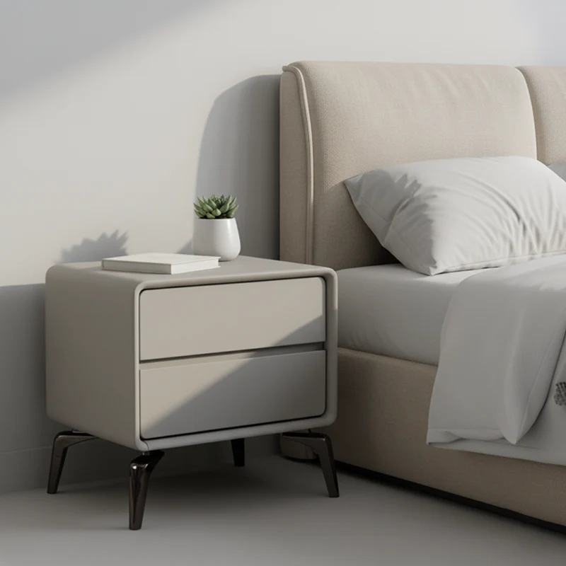Modern Minimalist Design Nightstand - Refined Rounded Corners & Luxe Faux PVC Leather Charm Bedside Table 2-Drawer For Bedroom